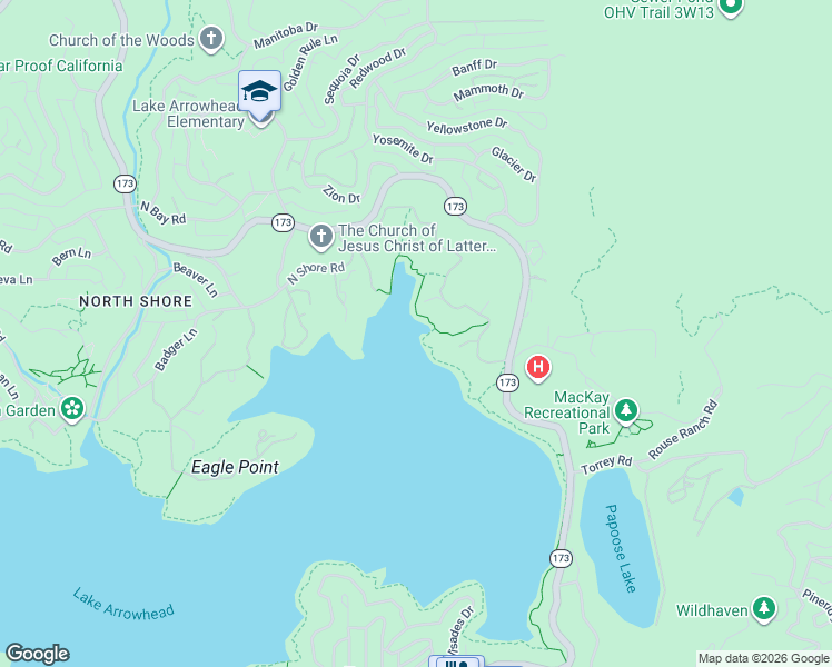 map of restaurants, bars, coffee shops, grocery stores, and more near in Lake Arrowhead