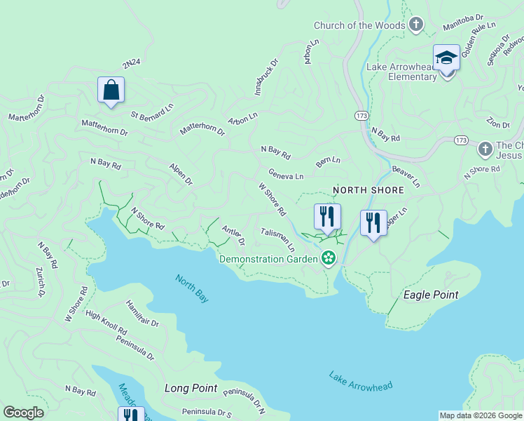 map of restaurants, bars, coffee shops, grocery stores, and more near Lachen Road in Lake Arrowhead