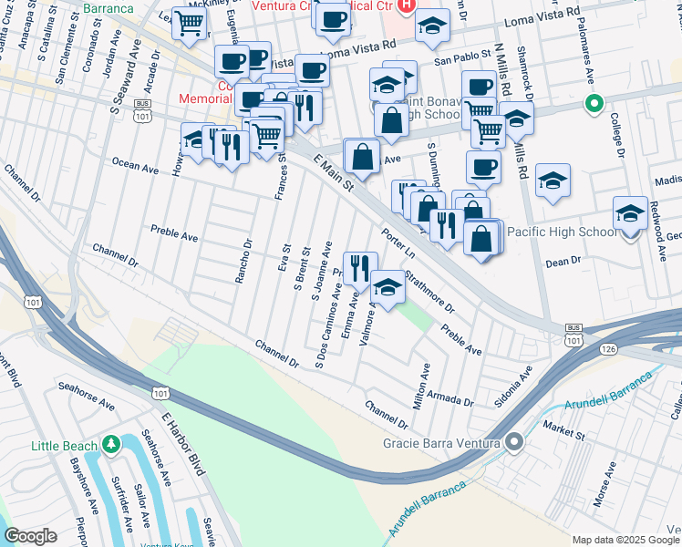 map of restaurants, bars, coffee shops, grocery stores, and more near South Dos Caminos Avenue in Ventura