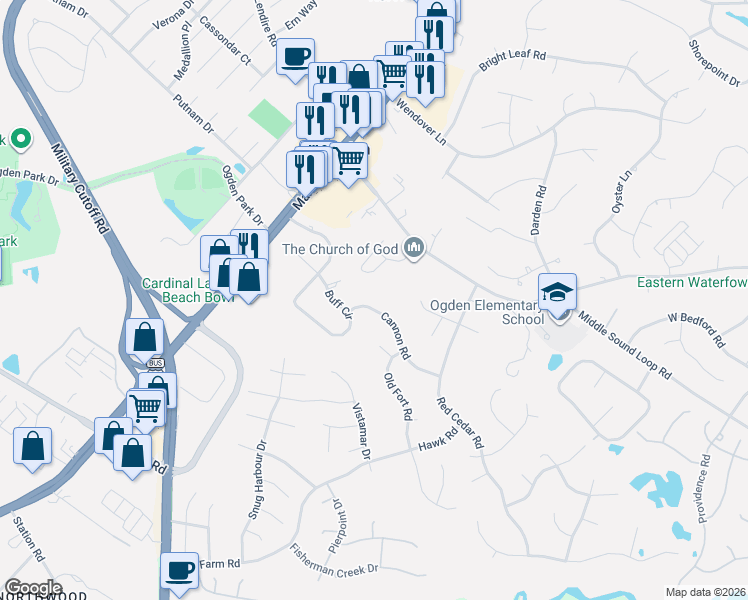 map of restaurants, bars, coffee shops, grocery stores, and more near 7176 Arbor Oaks Drive in Wilmington