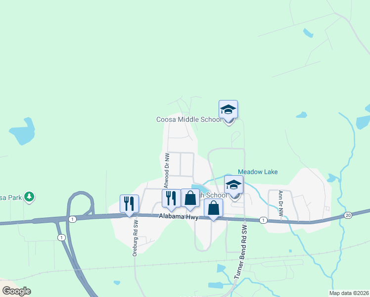 map of restaurants, bars, coffee shops, grocery stores, and more near 39 Leisure Drive Northwest in Rome