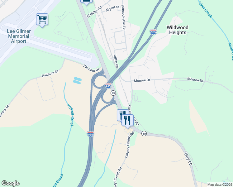 map of restaurants, bars, coffee shops, grocery stores, and more near Queen City Parkway in Gainesville