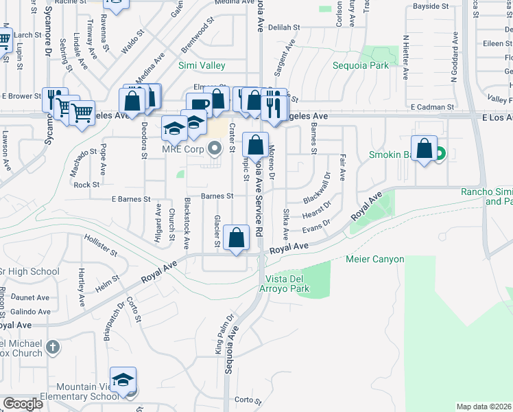 map of restaurants, bars, coffee shops, grocery stores, and more near 1567 Sequoia Avenue in Simi Valley