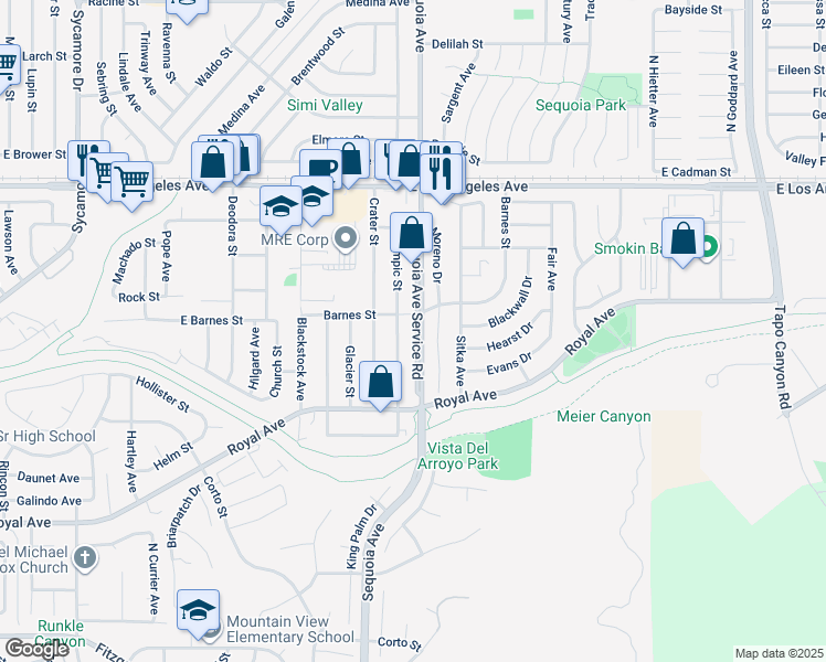 map of restaurants, bars, coffee shops, grocery stores, and more near 1567 Sequoia Avenue in Simi Valley