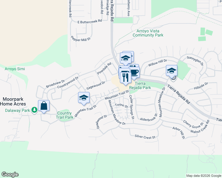 map of restaurants, bars, coffee shops, grocery stores, and more near 11690 Quailcreek Court in Moorpark
