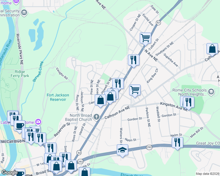 map of restaurants, bars, coffee shops, grocery stores, and more near 108 West Callahan Street in Rome