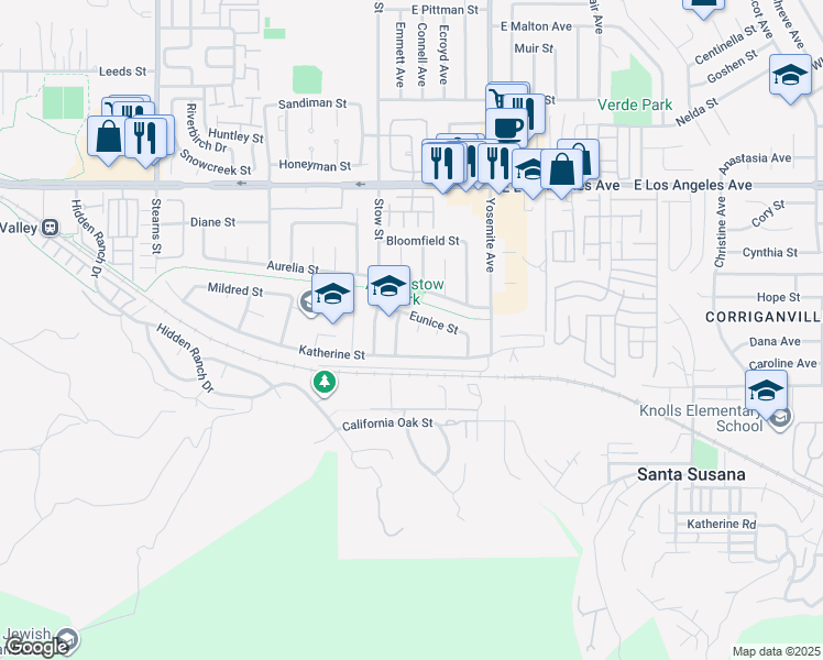 map of restaurants, bars, coffee shops, grocery stores, and more near 5658 Eunice Avenue in Simi Valley