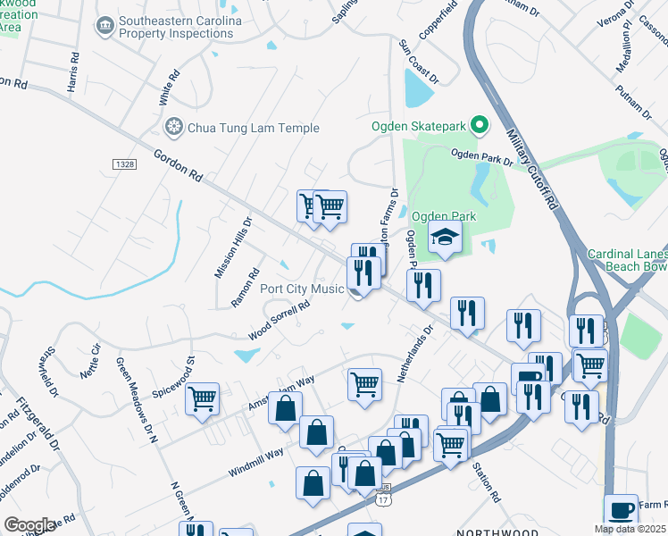 map of restaurants, bars, coffee shops, grocery stores, and more near 6530 Gordon Road in Wilmington