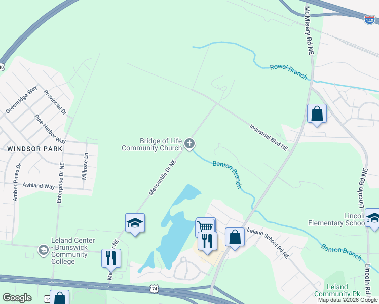 map of restaurants, bars, coffee shops, grocery stores, and more near 2220 Mercantile Drive Northeast in Leland