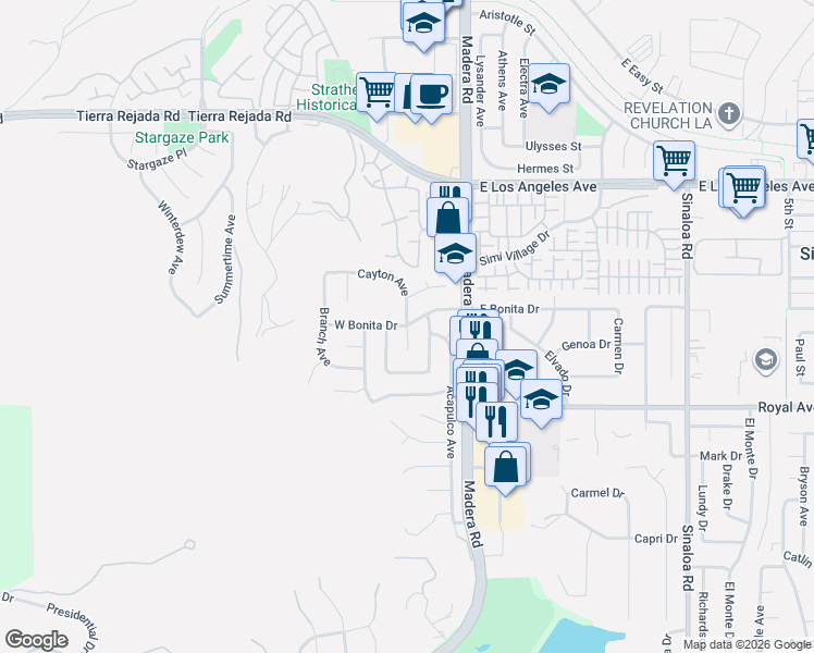 map of restaurants, bars, coffee shops, grocery stores, and more near 11 East Bonita Drive in Simi Valley