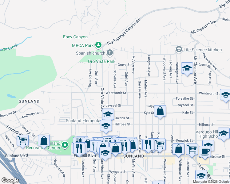 map of restaurants, bars, coffee shops, grocery stores, and more near 10916 Scoville Avenue in Los Angeles