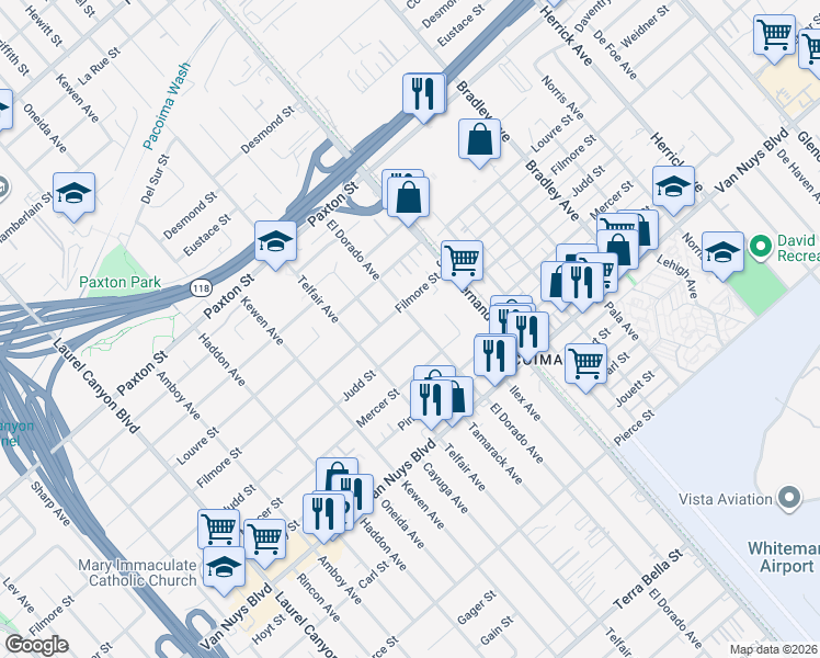 map of restaurants, bars, coffee shops, grocery stores, and more near 10846 El Dorado Avenue in Los Angeles