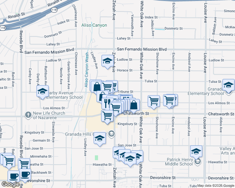 map of restaurants, bars, coffee shops, grocery stores, and more near 17825 Tribune Street in Los Angeles