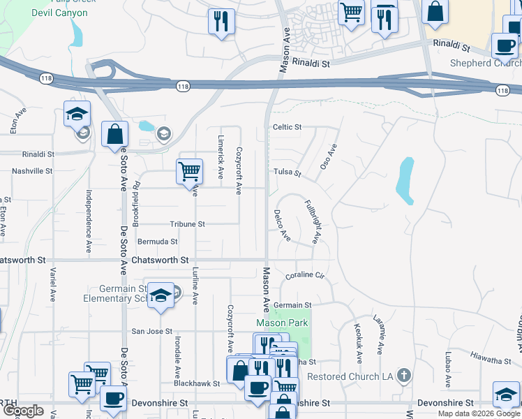map of restaurants, bars, coffee shops, grocery stores, and more near 10841 Delco Avenue in Los Angeles