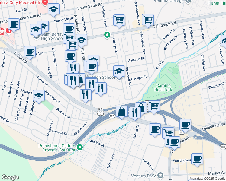 map of restaurants, bars, coffee shops, grocery stores, and more near 3700 Dean Drive in Ventura