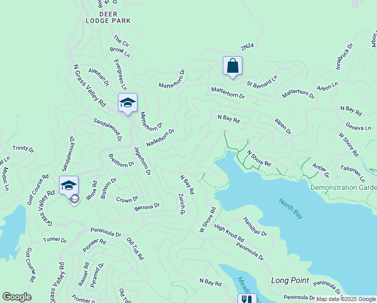 map of restaurants, bars, coffee shops, grocery stores, and more near 27554 North Bay Road in Lake Arrowhead