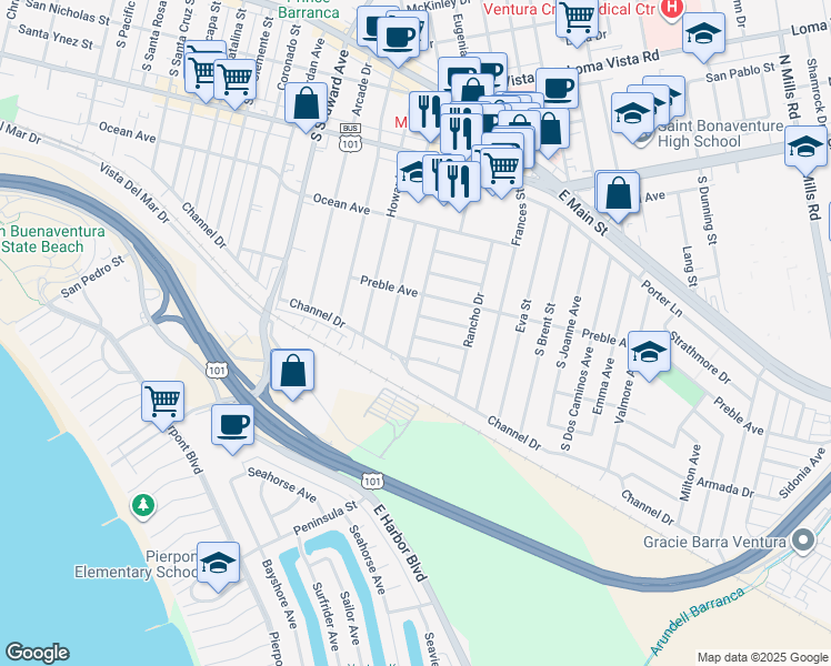 map of restaurants, bars, coffee shops, grocery stores, and more near 2674 Dawson Avenue in Ventura