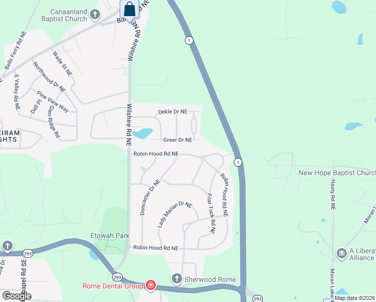 map of restaurants, bars, coffee shops, grocery stores, and more near 316 Robin Hood Road Northeast in Rome