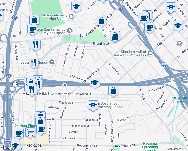 map of restaurants, bars, coffee shops, grocery stores, and more near 14906 Chatsworth Drive in Los Angeles