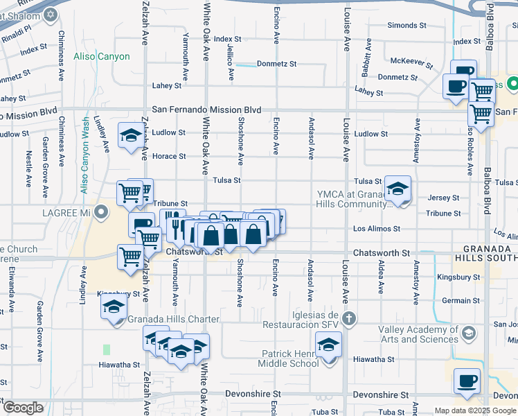 map of restaurants, bars, coffee shops, grocery stores, and more near 17524 Tribune Street in Los Angeles