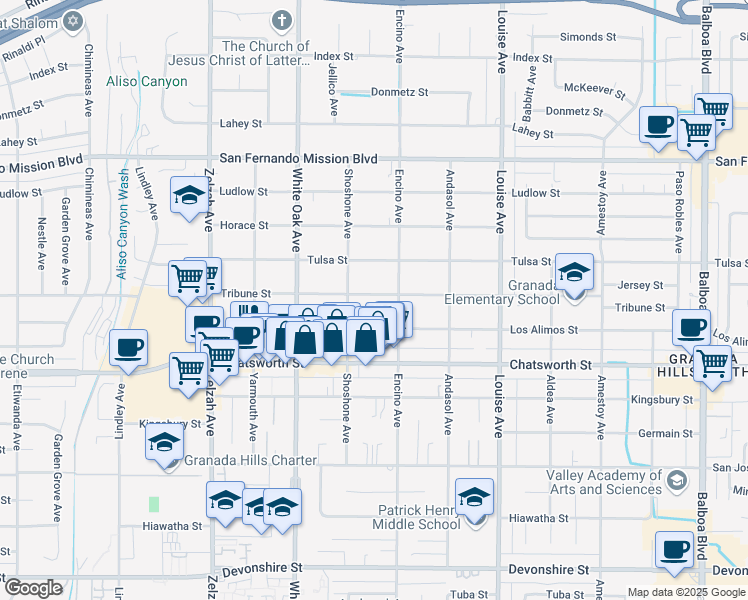 map of restaurants, bars, coffee shops, grocery stores, and more near Tribune Street in San Fernando