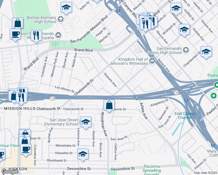 map of restaurants, bars, coffee shops, grocery stores, and more near 14739 Jaguar Street in Los Angeles