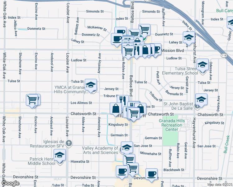 map of restaurants, bars, coffee shops, grocery stores, and more near 17060 Jersey Street in Los Angeles