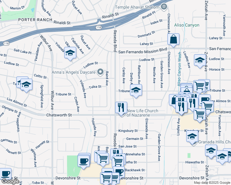 map of restaurants, bars, coffee shops, grocery stores, and more near 10846 Reseda Boulevard in Los Angeles