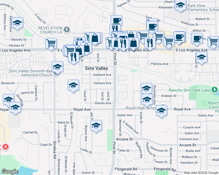 map of restaurants, bars, coffee shops, grocery stores, and more near in Simi Valley