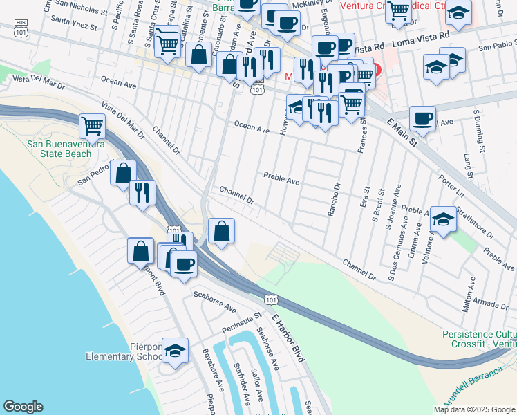 map of restaurants, bars, coffee shops, grocery stores, and more near 595 Howard Street in Ventura
