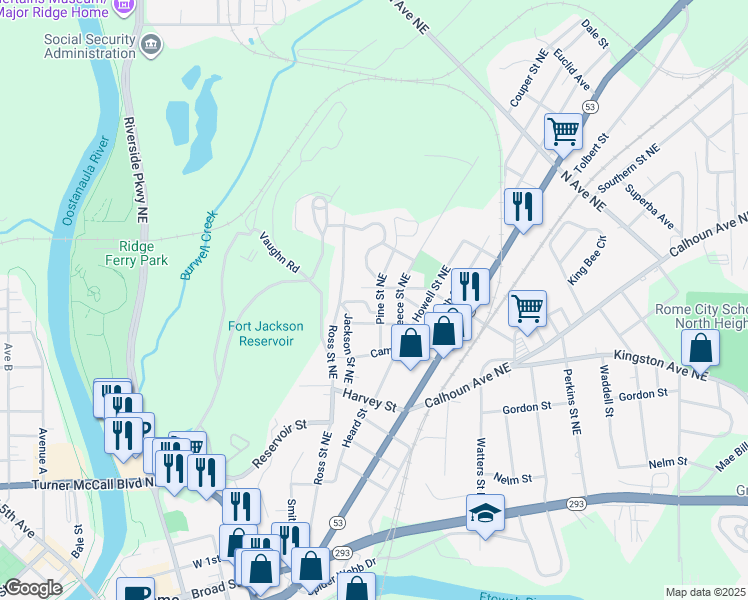 map of restaurants, bars, coffee shops, grocery stores, and more near 113 Pine Street Northeast in Rome