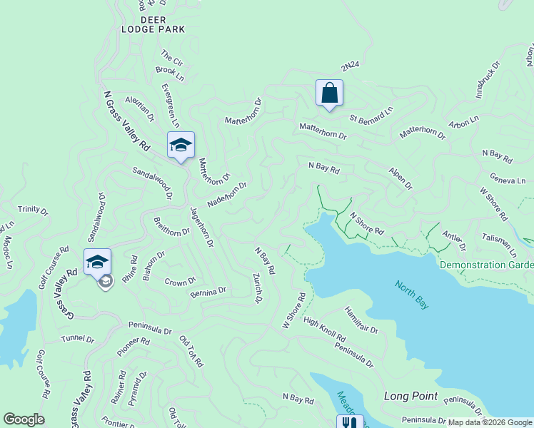 map of restaurants, bars, coffee shops, grocery stores, and more near 27554 North Bay Road in Lake Arrowhead
