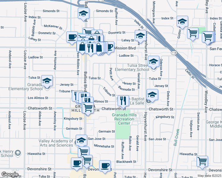 map of restaurants, bars, coffee shops, grocery stores, and more near 16829 Tulsa Street in Los Angeles