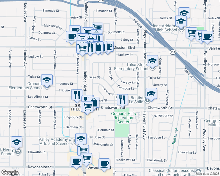 map of restaurants, bars, coffee shops, grocery stores, and more near 10835 Petit Avenue in Los Angeles