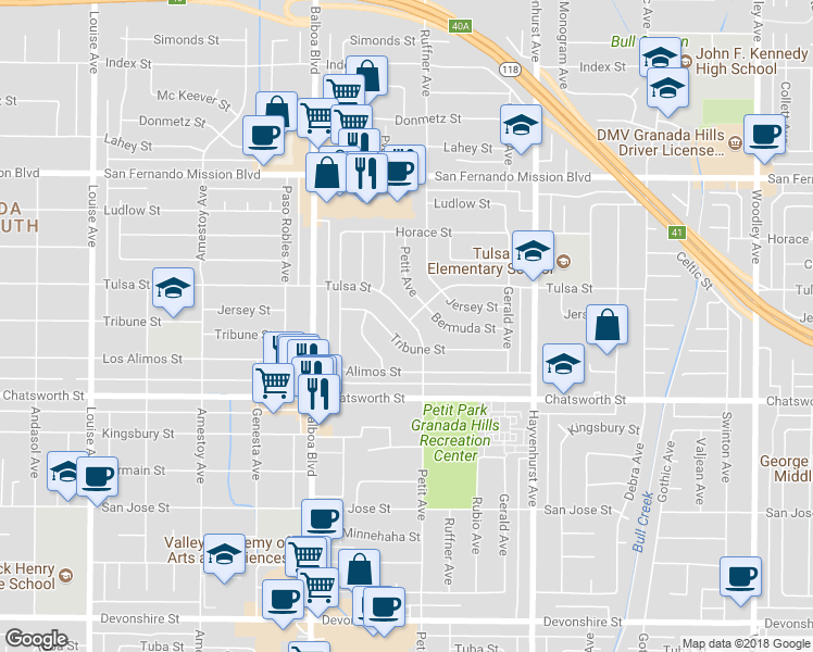 map of restaurants, bars, coffee shops, grocery stores, and more near 10835 Petit Avenue in Los Angeles