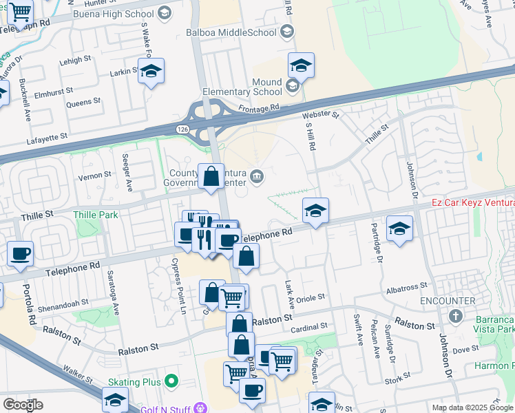 map of restaurants, bars, coffee shops, grocery stores, and more near 800 North Victoria Avenue in Ventura