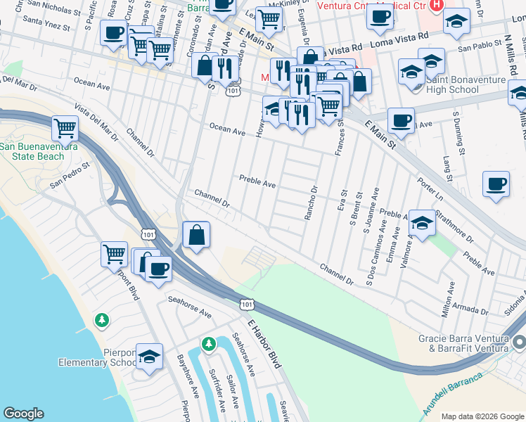 map of restaurants, bars, coffee shops, grocery stores, and more near 560 Jones Street in Ventura