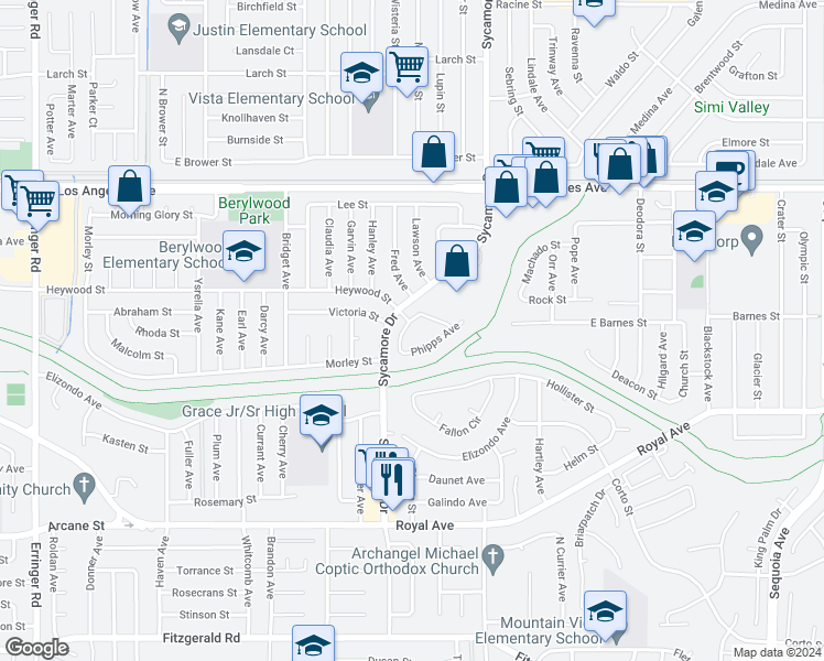 map of restaurants, bars, coffee shops, grocery stores, and more near 1592 Prather Street in Simi Valley