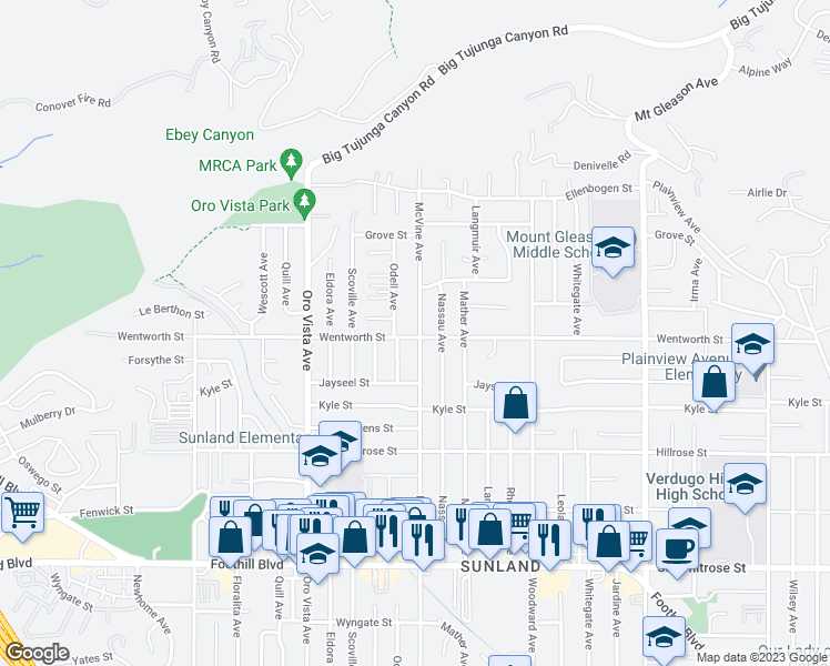 map of restaurants, bars, coffee shops, grocery stores, and more near 10907 McVine Avenue in Los Angeles