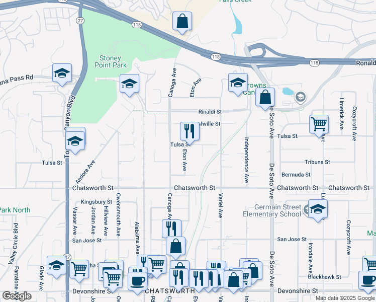 map of restaurants, bars, coffee shops, grocery stores, and more near 21302 Tulsa Street in Los Angeles