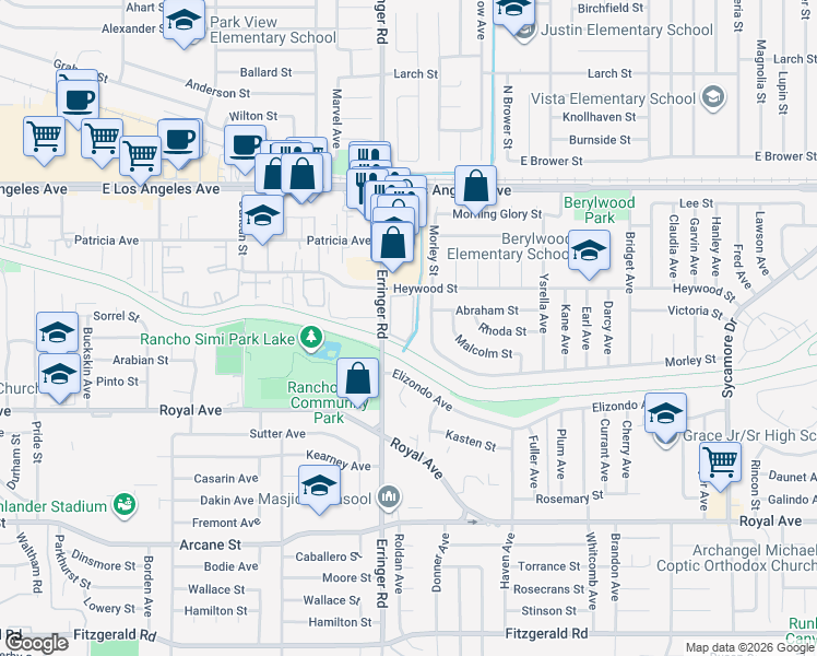 map of restaurants, bars, coffee shops, grocery stores, and more near 1948 Heywood Street in Simi Valley