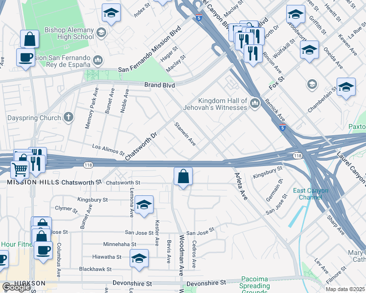 map of restaurants, bars, coffee shops, grocery stores, and more near 14739 Jaguar Street in Los Angeles