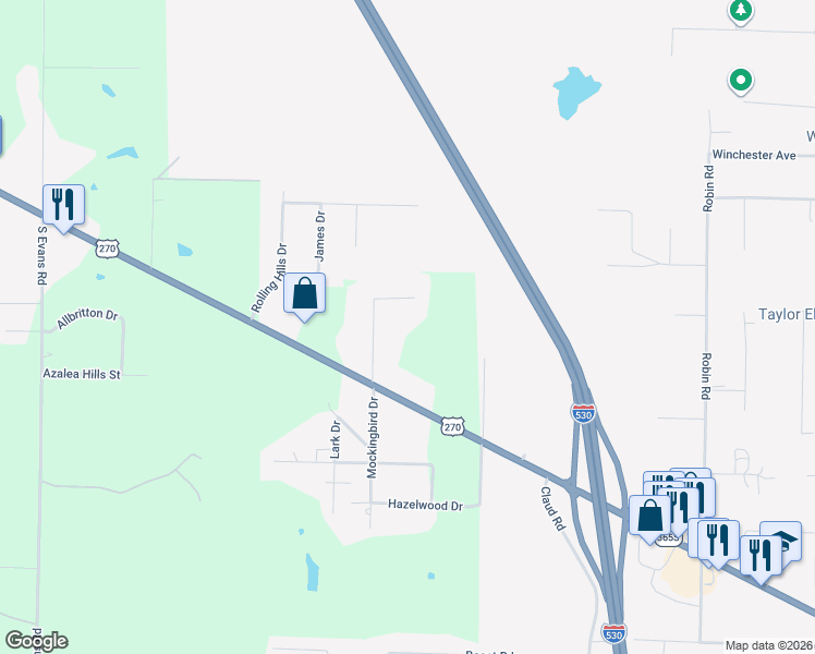 map of restaurants, bars, coffee shops, grocery stores, and more near 301 Clark Road in Pine Bluff