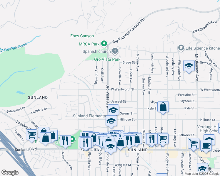 map of restaurants, bars, coffee shops, grocery stores, and more near 8361 Wentworth Street in Los Angeles