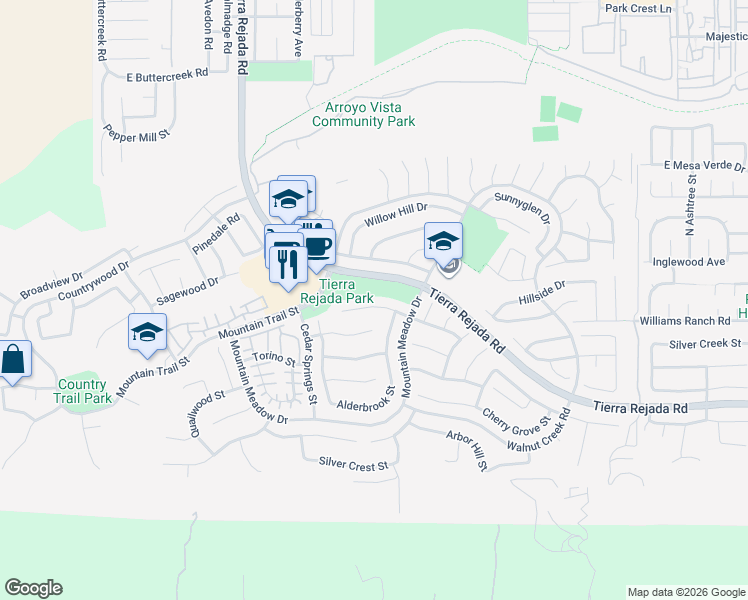 map of restaurants, bars, coffee shops, grocery stores, and more near 12015 River Grove Court in Moorpark
