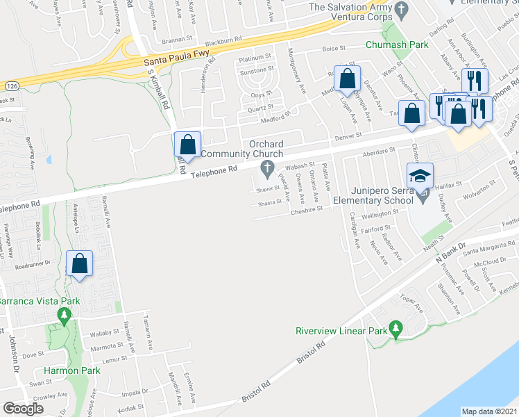 map of restaurants, bars, coffee shops, grocery stores, and more near 8146 Shasta Street in Ventura