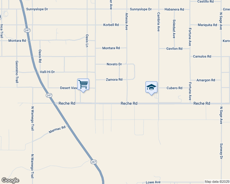 map of restaurants, bars, coffee shops, grocery stores, and more near Reche Road in San Bernardino County