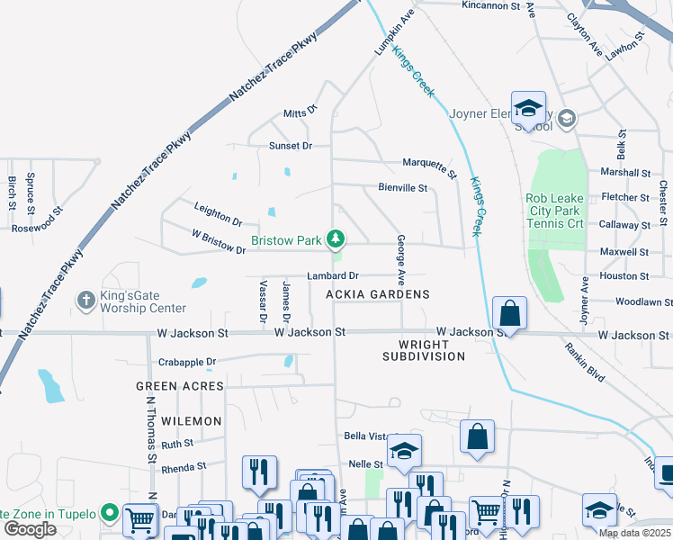 map of restaurants, bars, coffee shops, grocery stores, and more near 1324 Lambard Drive in Tupelo
