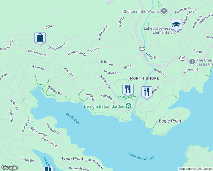 map of restaurants, bars, coffee shops, grocery stores, and more near 28116 Lachen Road in Lake Arrowhead