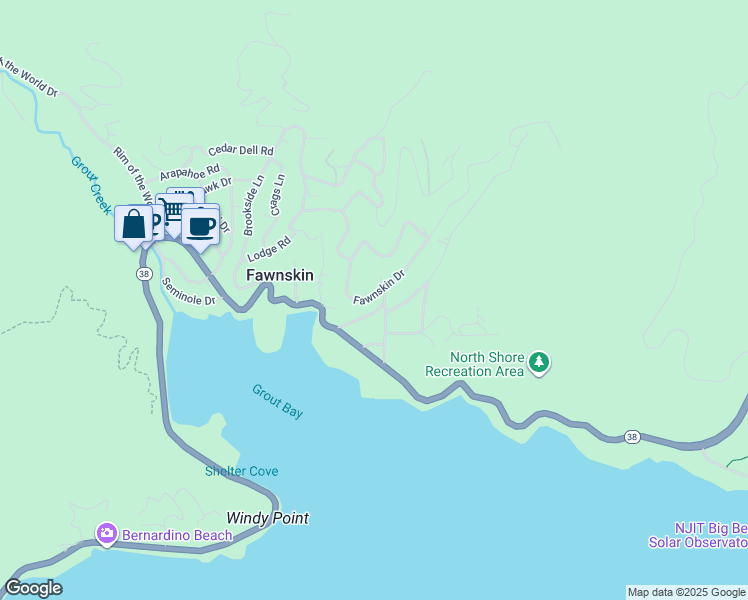 map of restaurants, bars, coffee shops, grocery stores, and more near Fawnskin Drive in San Bernardino County